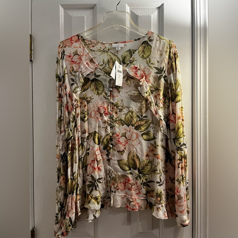 J.Jill  Shirt   1X   NWT  Floral Ruffle-Trimmed Button-Front Top